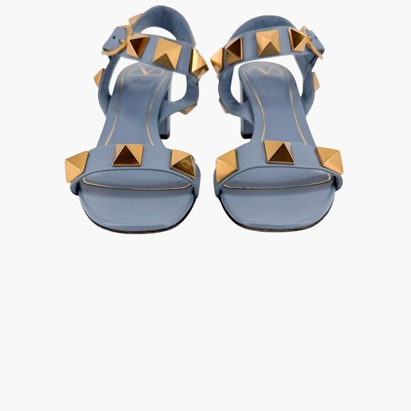 Valentino Garavani Roman Stud Block Heel Sandals Blue Leather Size 39 US 9 - Picture 5 of 15